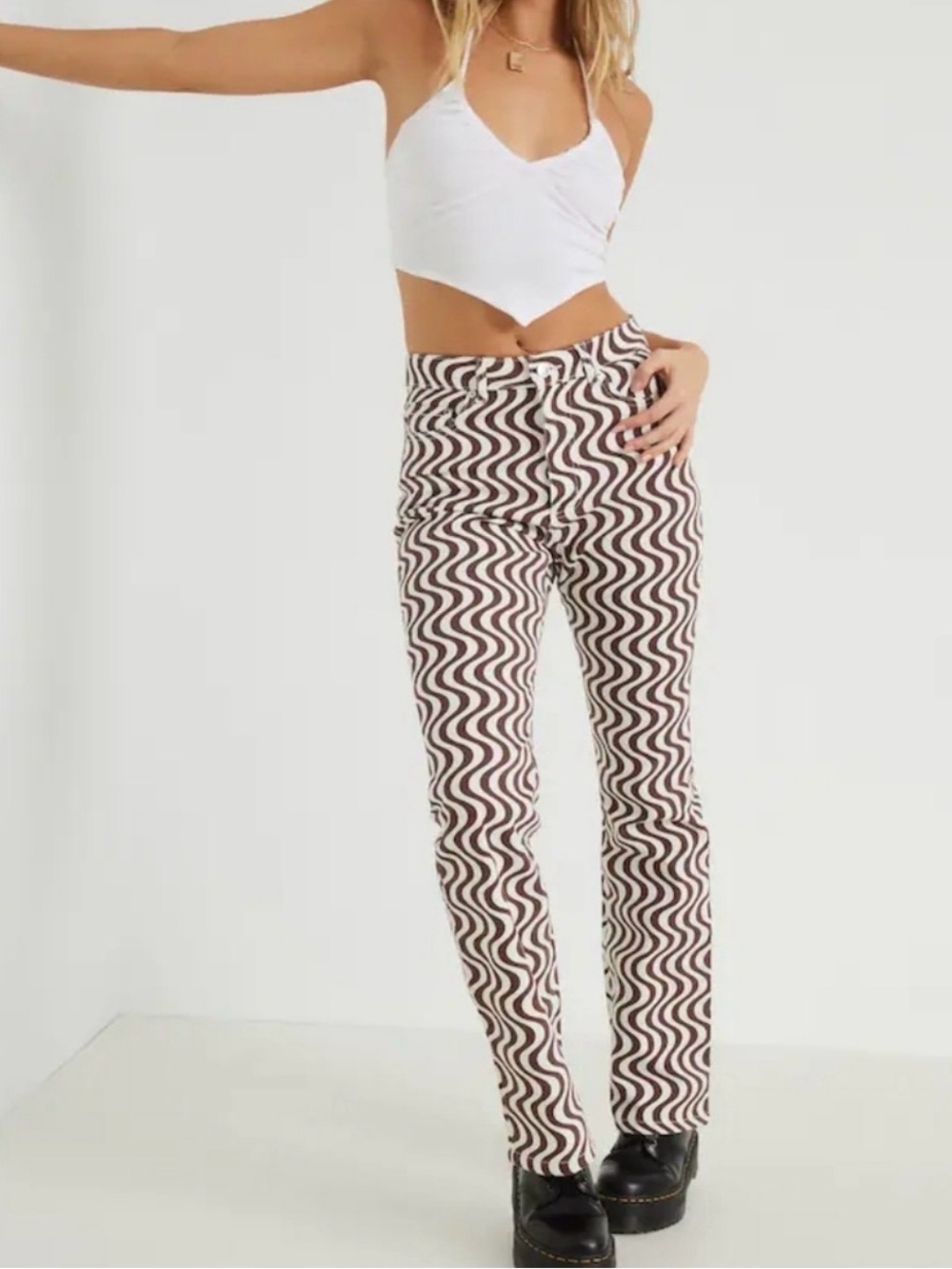 Garage Wavy Brown and White Patterned Pants